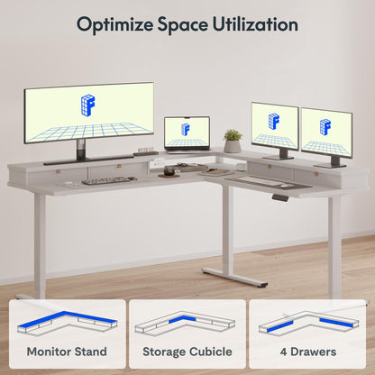 FLEXISPOT 63" L Shaped Standing Desk with Shelf Electric Corner Table, Drawers, Adjustable Computer Workstation for Home, Office,63x55in, White Top + White Frame