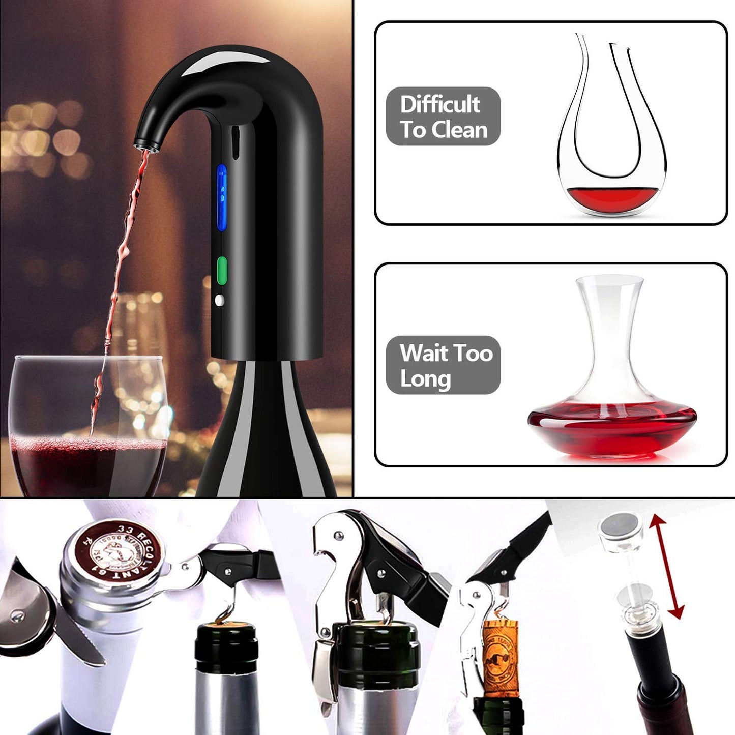 Electric Wine Aerator & Automatic Wine Dispenser – 1-Button Instant Aeration, Decanter Wine Pourer for Red & White Wine, USB Rechargeable Wine Accessories – Best Wine Valentines Gift for Women & Men