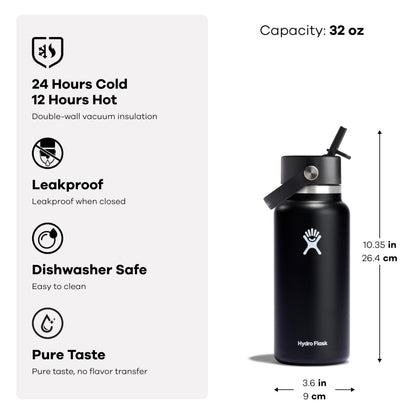 Hydro Flask Water Bottle - Insulated Stainless Steel - Wide Straw Lid, Non Spill, Leakproof in 32 Oz Indigo Blue