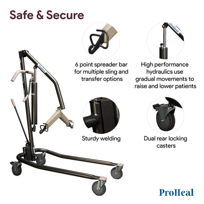 ProHeal Hydraulic Patient Lift - Manual Full Body Lifter for Handicapped, Senior and Immobile Patients - 6 Point Spreader, Chains Included, 450 lbs Capacity