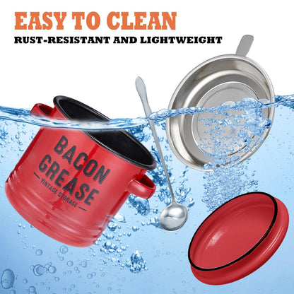 ONEARF Bacon Grease Container with Strainer - Large 46OZ Red Kitchen Oil Storage Can, Food Saver Bin with Lid | Farmhouse Cooking Pot Keeper Collector, Dishwasher Safe - Red