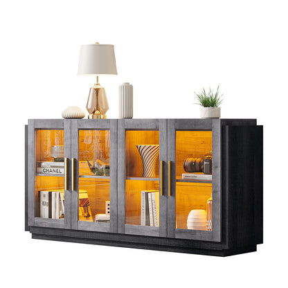 AMERLIFE Sideboard Buffet Cabinet with LED Lights, Mixed Color Accent Cabinet with Glass Doors and Adjustable Shelf, Hallway Storage Cabinets Console Table for Living Room, Dining Room, Black and Gray