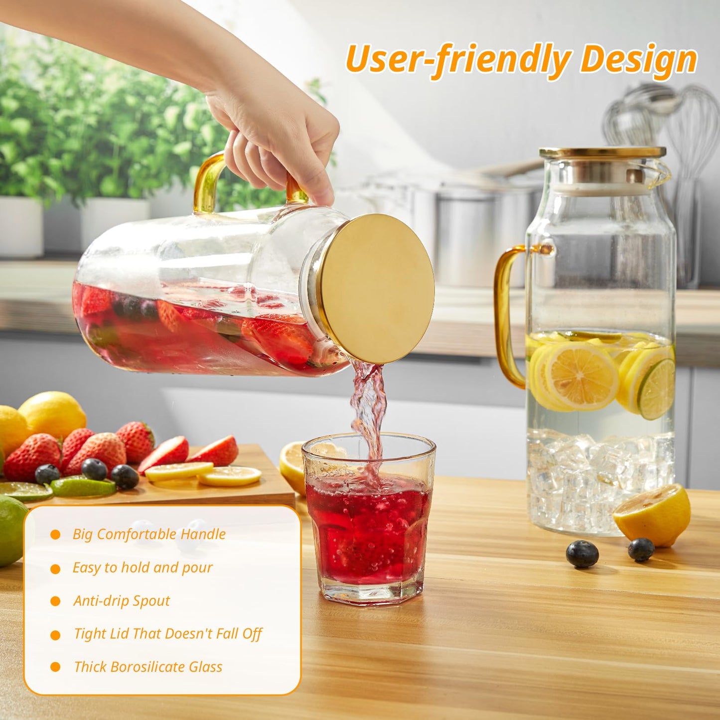 CMLKLZD 2 Pack 2 Liter 68 oz Glass Pitcher with Lid and Handle, Gold Glass Carafe for Fridge, Water Pitcher for Hot/Cold Water, Large Jug for Iced Tea, Coffee, Juice and Homemade Beverage