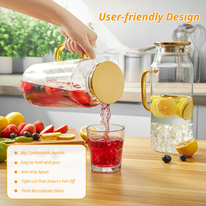 CMLKLZD 2 Pack 2 Liter 68 oz Glass Pitcher with Lid and Handle, Gold Glass Carafe for Fridge, Water Pitcher for Hot/Cold Water, Large Jug for Iced Tea, Coffee, Juice and Homemade Beverage