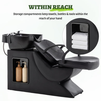 KEIKI Shampoo Bowl and Chair Set for Salon, Hair Washing Station with ABS Sink & PU Leather Chair, Ergonomic Chair with Neck Rest, Side Storage, Hot/Cold Faucet & Sprayer for Spa, Black