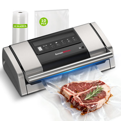 Bonsenkitchen Vacuum Sealer for Food, Easy-Lock Handle Vacuum Sealer Machine with Bag Clip, Built-in Cutter and Bag Storage for Sous Vide and Meal Prep, 1 Roll Bag & 10 Pre-Cut Bags, Silver