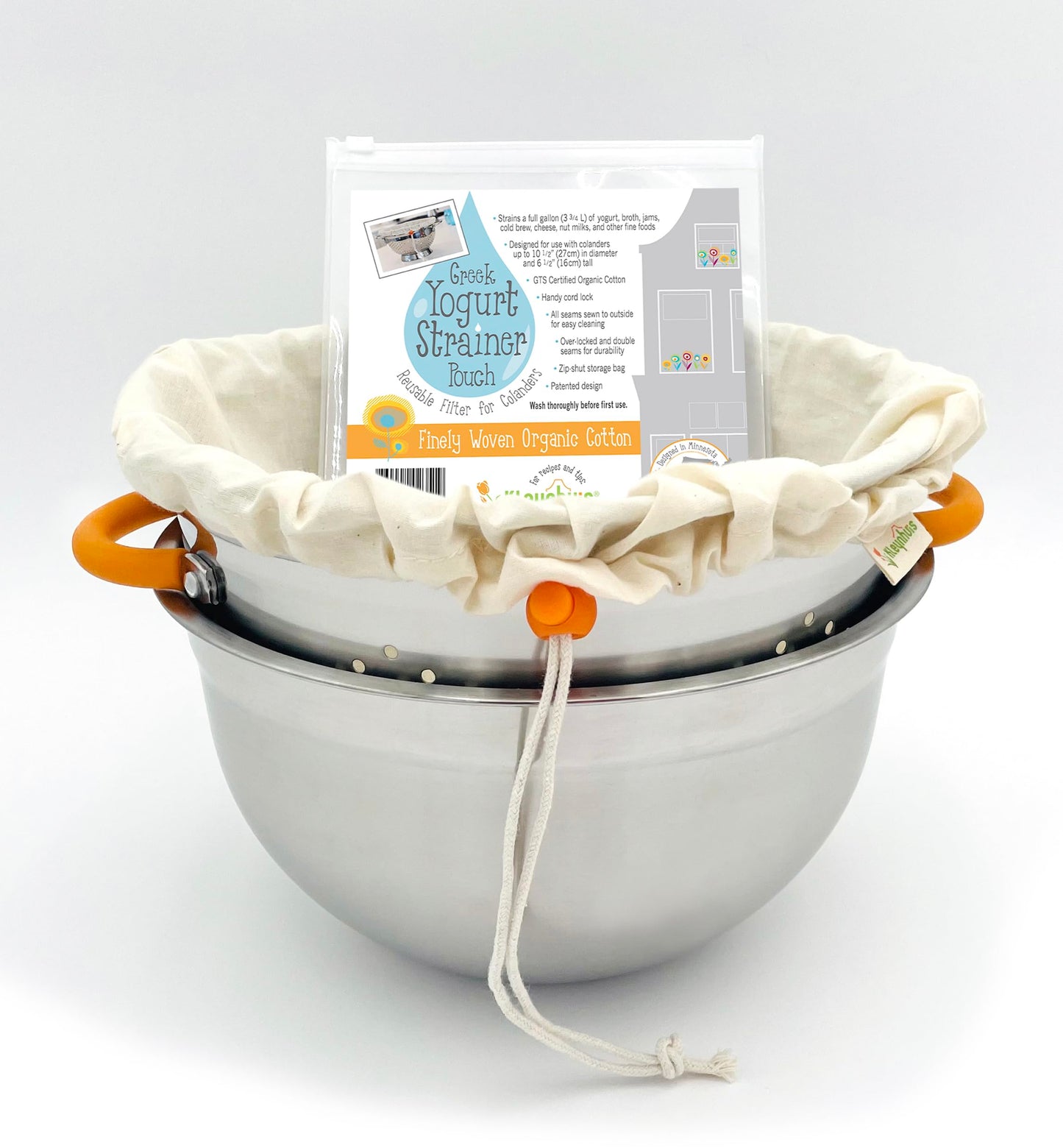Kleynhuis Greek Yogurt Strainer Set: Stainless Steel Colander & Bowl with Organic Cotton Strainer Pouch | Premium Greek Yogurt Maker, Large 5-Quart Size