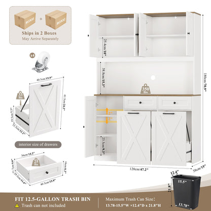 HOSTACK 71"H Kitchen Trash Can Cabinet, 12.5 Gallon Double Pull Out Garbage Can Hutch Cabinet with Trash Bin Storage Holders, 47" Wide Kitchen Pantry with Hidden Garbage Storage for Dining Room, White