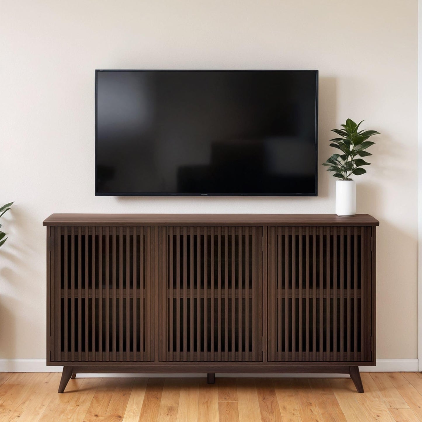 Plank+Beam Mid-Century Modern Wood TV Stand, Three Door Solid Wood Entertainment Console with Storage, 59" L x 16" W x 30" H, Walnut