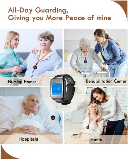CallToU Caregiver Wireless Smart Call Button - 500+ ft Vibration Nurse Calling Alert System for Elderly at Home/Clinic/Medical Institution/Nursing Home - 1 Wrist Pager 10 SOS Call Buttons