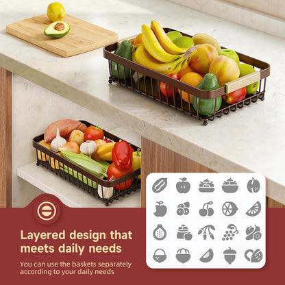 Sevenblue 2 Tier Large Fruit Basket for Kitchen Counter with 2 Mobile Banana Hangers, 2026 Pro Detachable Metal Fruit Bowl with Wooden Handle (Brown, 2 Tier Extra Large)