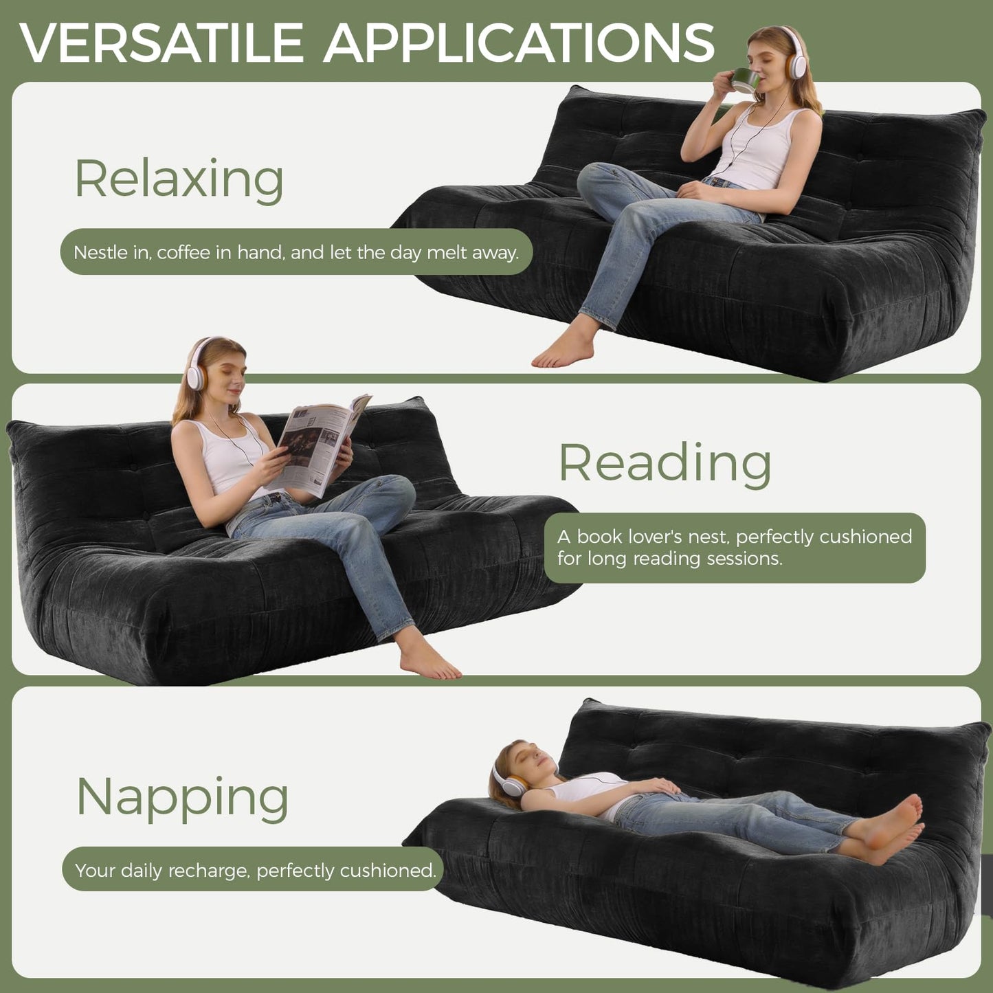 SUYOLS Bean Bag Chair, 3 Seater Fireside Chair Large Bean Bag Sofa for Adults, Memory Foam Chairs Gaming Chairs with Comfy Design & Soft Fabric, Lazy Floor Sofa for Living Room, Bedroom, Dark Gray