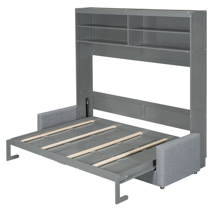 Merax Queen Size Murphy Cabinet Bed with Sofa, Wood Folding Murphy Bed with Open Shelves, Space-Saving Wall Bed for Guest Room and Home Office