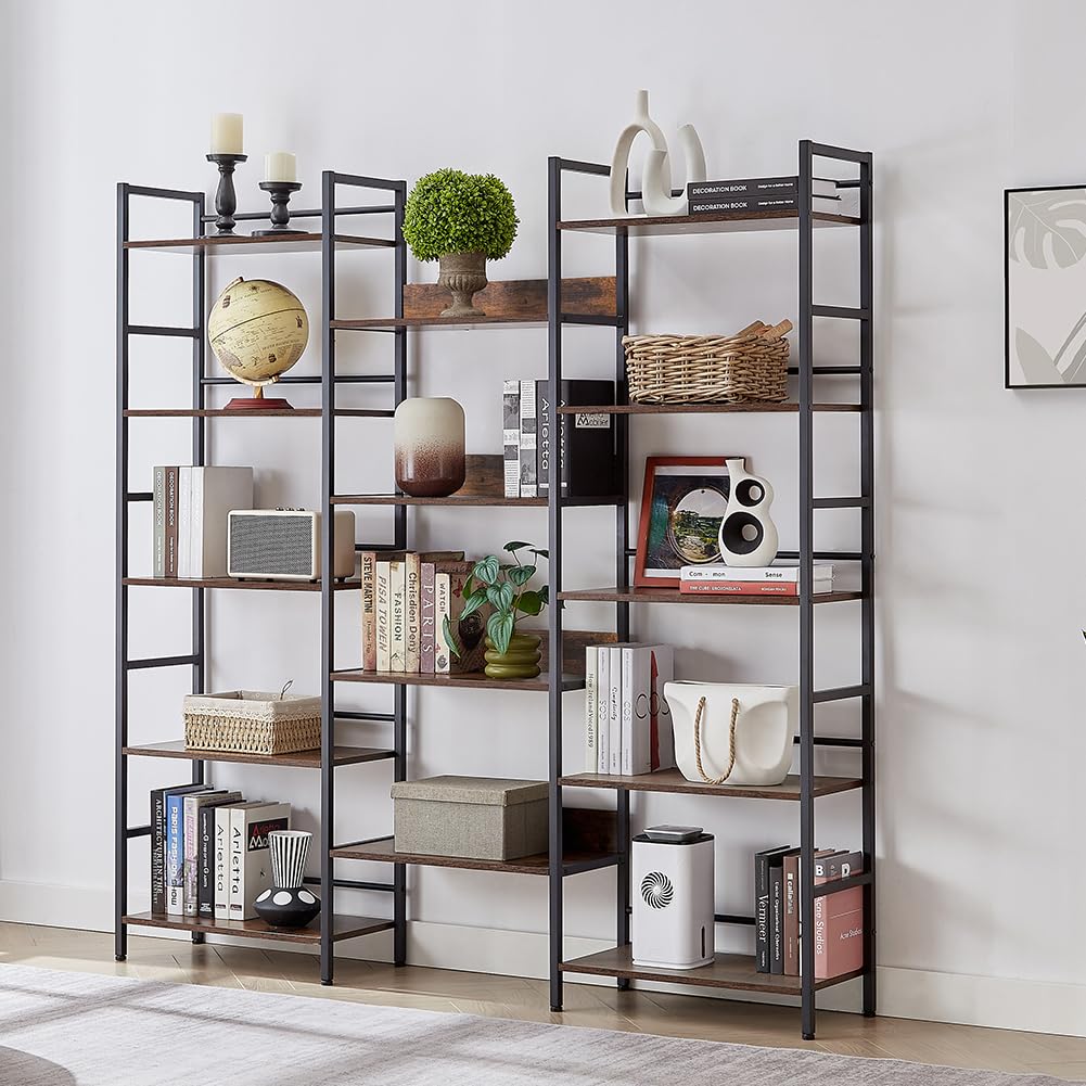 SKYXIU Triple Wide 5 Tier Bookshelf,Rustic Industrial Style Bookcases and Bookshelves with 14 Open Display Shelves,Large Open Bookshelves for Home&Office, Rustic Brown
