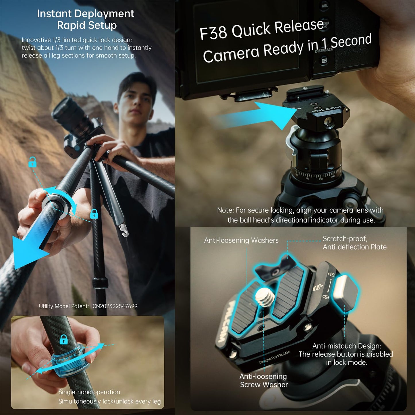 FALCAM TreeRoot F38 Quick Lock Lite Carbon Fiber Travel Tripod with Ball Head Load Capacity 3kg/6.6lbs, Max Vertical Payload 40Kg/88lbs for Cameras, All-Terrain Stability (C141K-301)