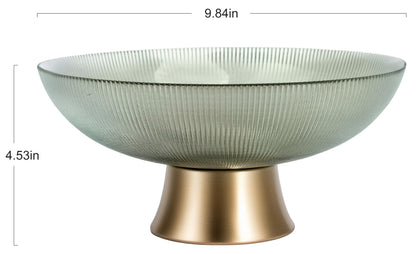 Round Glass Decorative Bowl (Green), 9.8 Inches Handblown Striped Design Glass Bowl with Rust Resistant Metal Base,Decor Fruit Bowl for Home Decor,Table Centerpiece,Kitchen Island and Dining Decor