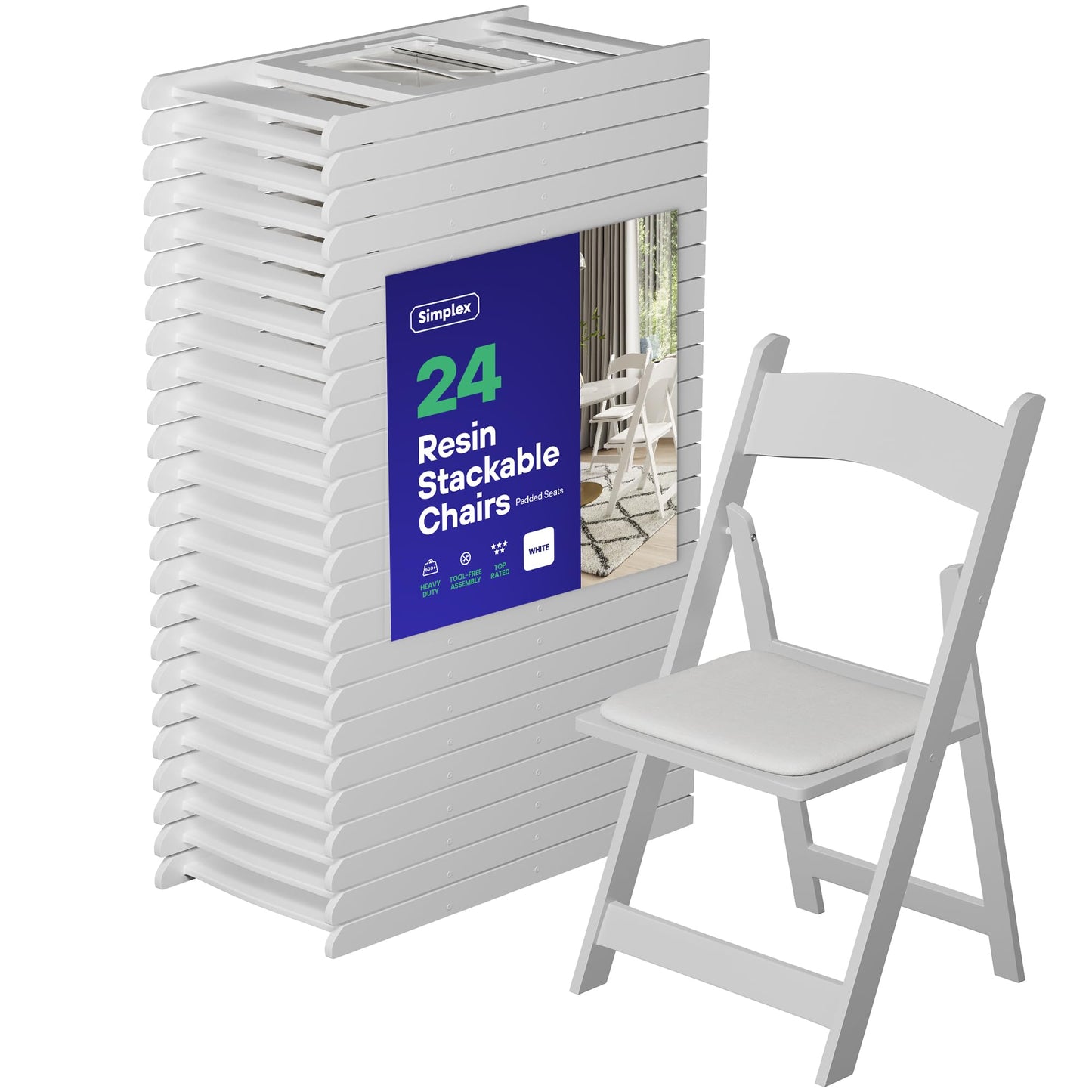 SIMPLEX 24 White Resin Folding Chairs, Stackable Event & Party Chairs, 800 LB Weight Capacity, Indoor Outdoor