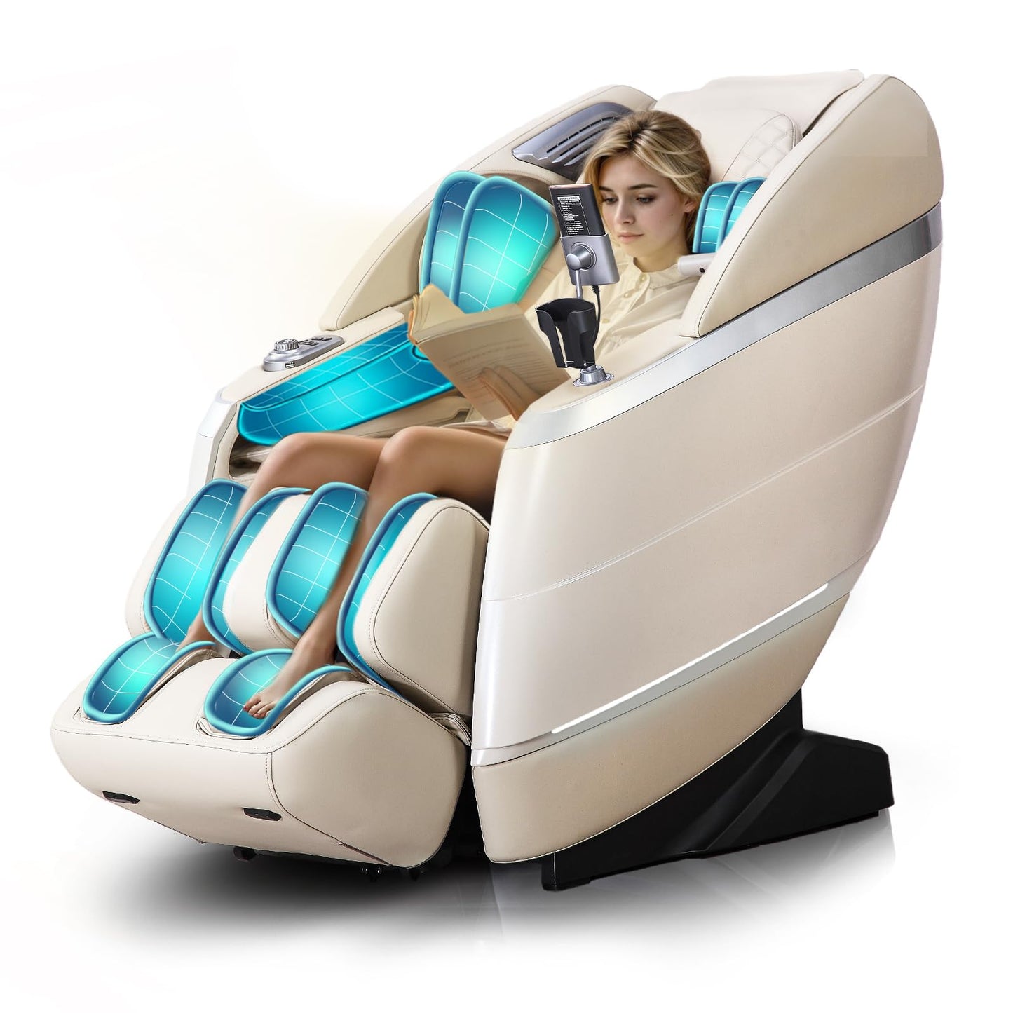 RelaxRelife 4D Full Body Massage Chair with Flexible 166° Track, Reading Light, 18 Massage Modes, 11 Techniques, 36 Airbags, Zero Gravity Recliner with Yoga Stretch and Foot Massage Beige