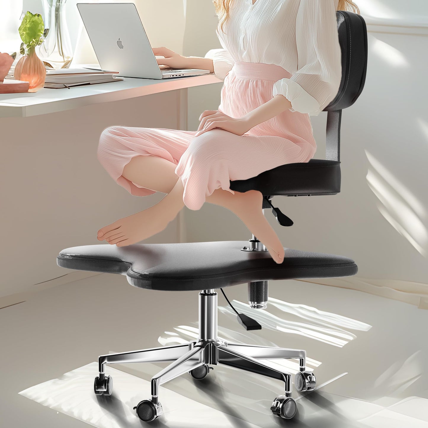 PYY ADHD Chairs for Adults - Meditation Cross Legged Office Chair with Wheels, Ergonomic Squatting Kneeling Fidget Chair with Lumbar Back Support Adjustable Height for Home Office
