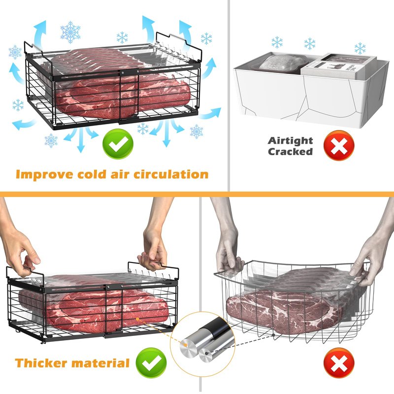 NADAMOO Freezer Organizer Bins, 4 Packs Large Expandable Stackable Chest Freezer Containers with Handle, Metal Adjustable Storage Baskets for Fridge, Deep Freezer, Cabinet, Kitchen, Pantry - Black