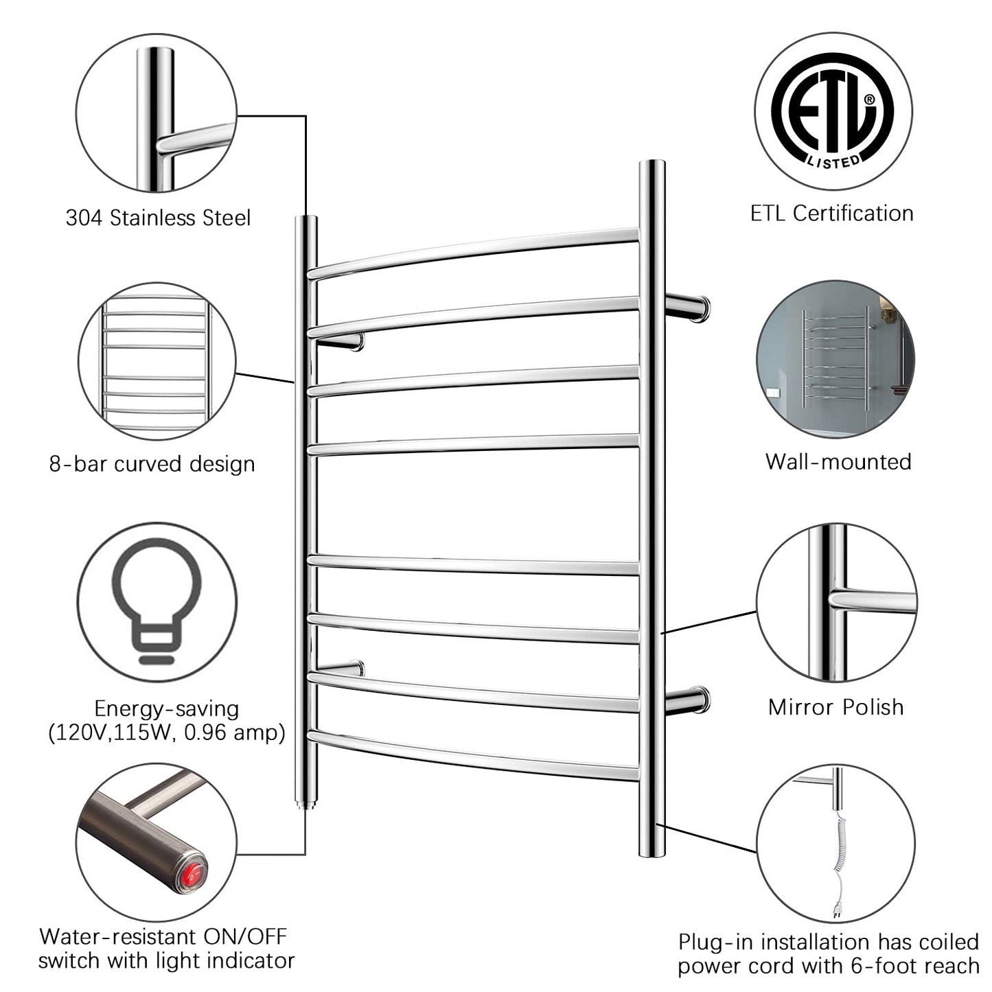 HEATGENE Towel Warmer 8 Bar Plug-in Curved Bath Towel Heater Towel Warmer for Bathroom Plug-in Drying Rack Brushed