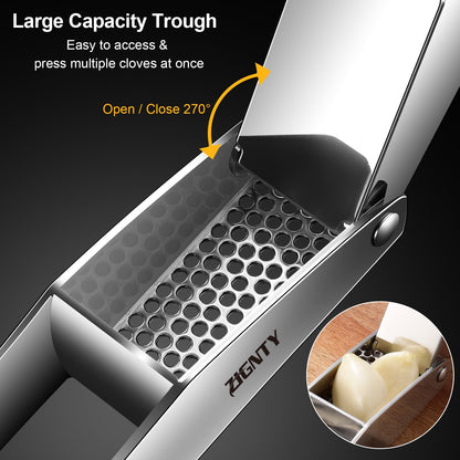 ZIGNTY Garlic Press Stainless Steel，Premium Garlic Mincer Tool，No Need to Peel Garlic Ginger Crusher & Masher Easy Squeeze Large Trough Ergonomic Handle，Rust Proof，Dishwasher Safe (5 Years Warranty)