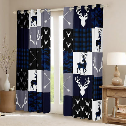 Camo Deer Antlers Blackout Curtains,Geometric Plaid Patchwork Window Drapes for Kids Teens Girls Boys,Boho Arrow Xmas Blue Grey Window Treatments Grommet Top 2 Panel Set Bedroom Curtains,42Wx63L inch