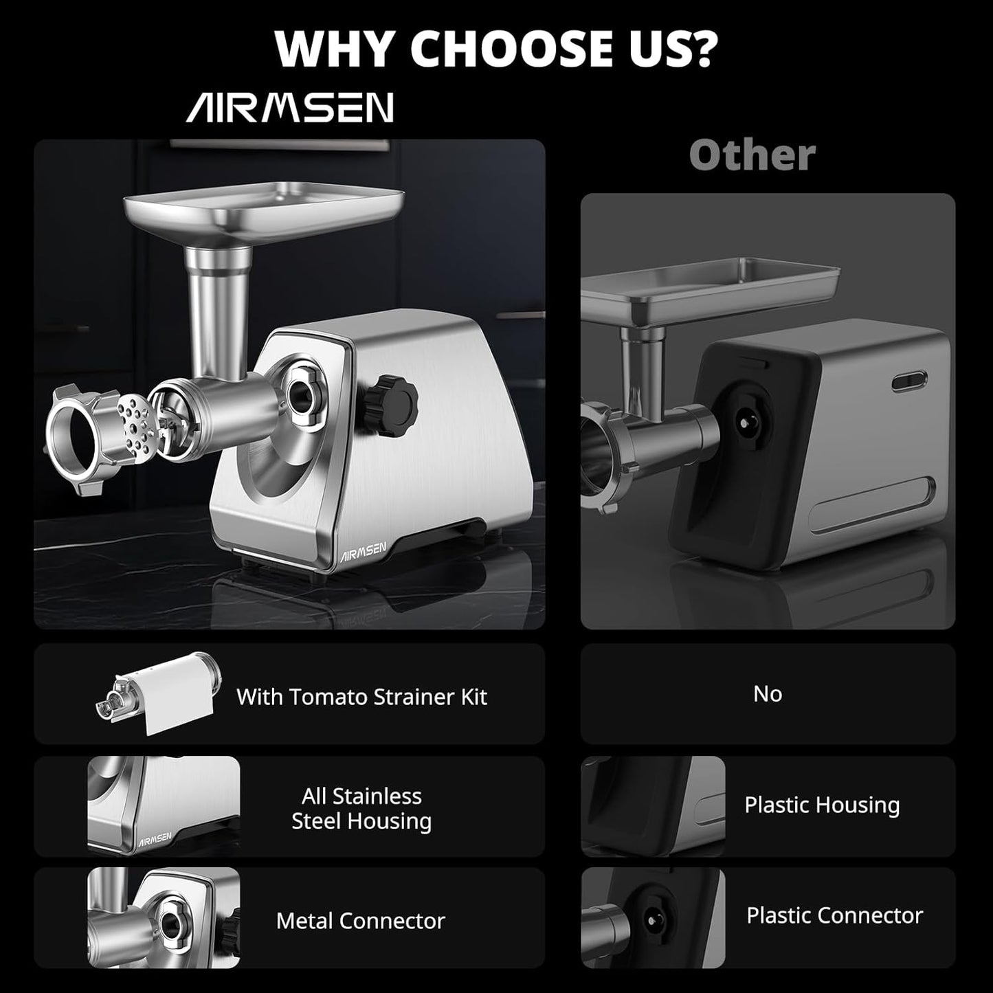 AIRMSEN Electric Meat Grinder & Tomato Sauce Press - Heavy Duty Food Mill for Home Cooking