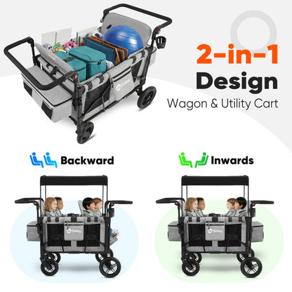 Sekey 4 Seater Stroller Wagon for Kids - Premium Quality with Convertible Seats, Adjustable Push Handles, Removable Canopy, Snack Tray & Cooler, US Certified.