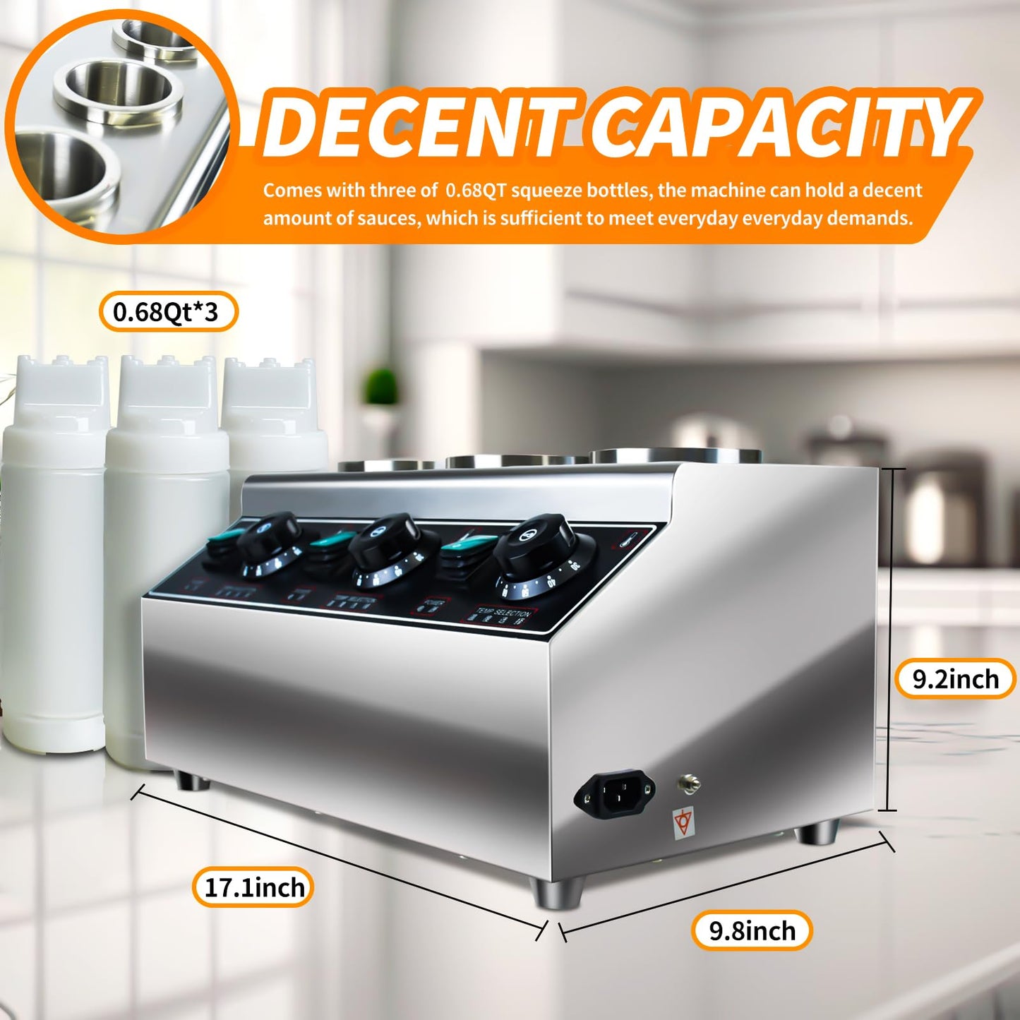 Generic YOOKTEN Electric Cheese Sauce Warmer Dispenser,0.68x3 Qt Commercial Cheese Dispenser Bottle Warmer Hot Chocolate Warmer and Dispenser 86-185℉Nacho Cheese Warmer with Bottles, Silver