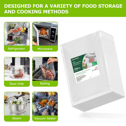 Bonsenkitchen Precut Vacuum Sealer Bags 200 Quart 8" x 12", BPA Free, Commercial Grade Textured Food Vacuum Sealer Bag, Thick Embossed Bags for Storage and Sous Vide Cooking VB3208