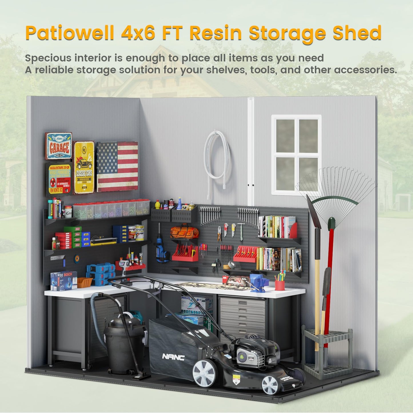 Patiowell 4 x 6 FT Plastic Outdoor Storage Shed with Floor, Resin Shed Outside Tool Shed with Window and Lockable Door for Backyard Garden Patio Lawn, Light Gray (Fit-it Shed)