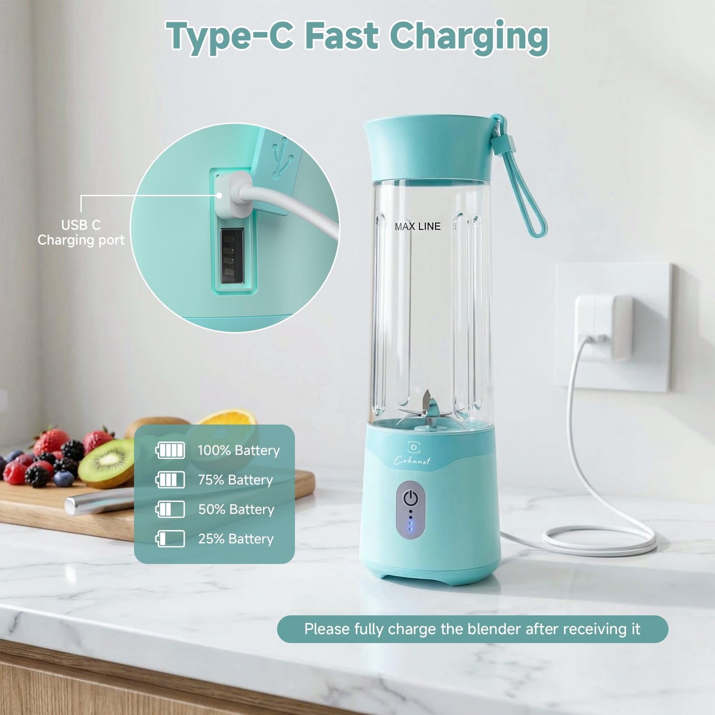 COKUNST Portable Blender, USB C Rechargeable Personal Blender, Small Smoothie & Shake Maker with 6 Blades, Compact Travel Mini Juicer Cup with Extra Lid for Home, Gym, Office, 18oz, Green