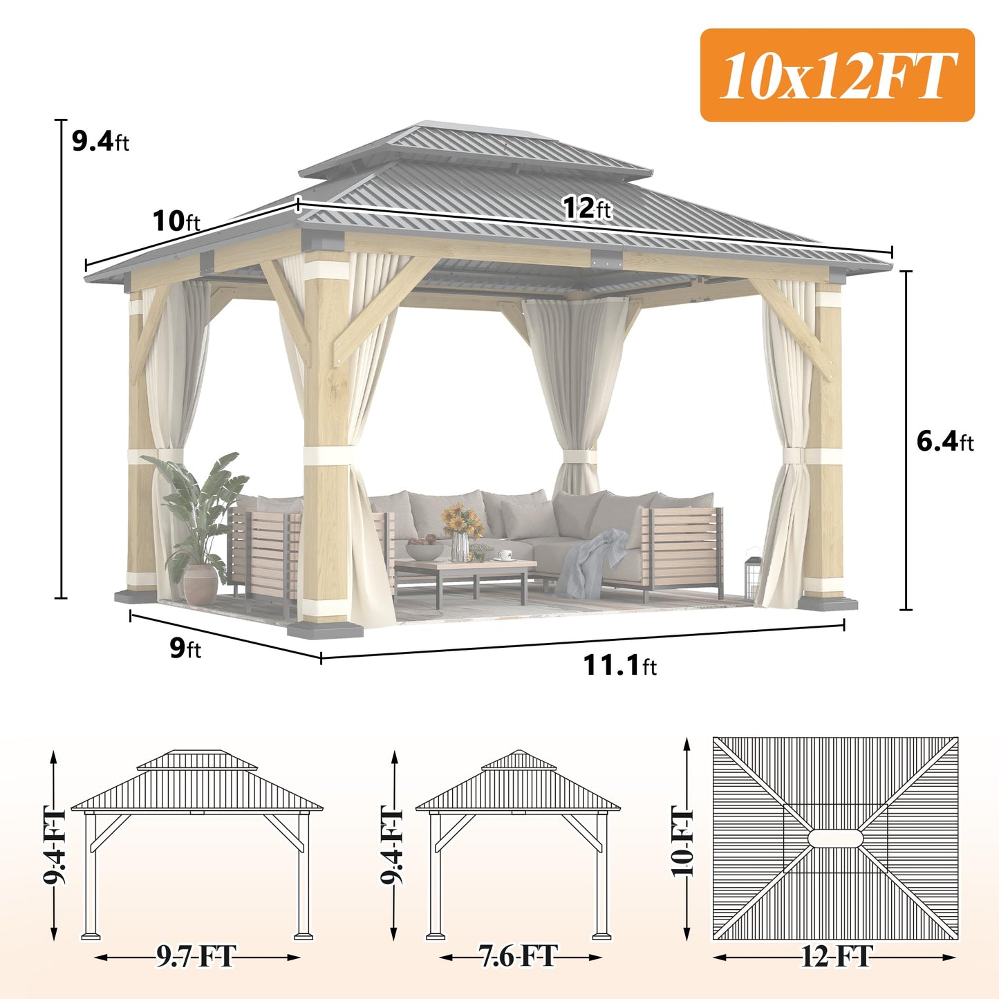 GARTOO 10' x 12' Outdoor Wooden Gazebo - Patio Hardtop Gazebo Permanent Wooden Pavilion with Galvanized Steel Double Roof, Wood Gazebos with Privacy Curtains and Netting for Garden, Lawn, Backyard