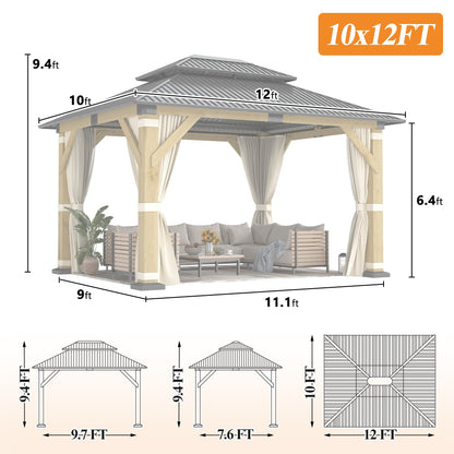 GARTOO 10' x 12' Outdoor Wooden Gazebo - Patio Hardtop Gazebo Permanent Wooden Pavilion with Galvanized Steel Double Roof, Wood Gazebos with Privacy Curtains and Netting for Garden, Lawn, Backyard