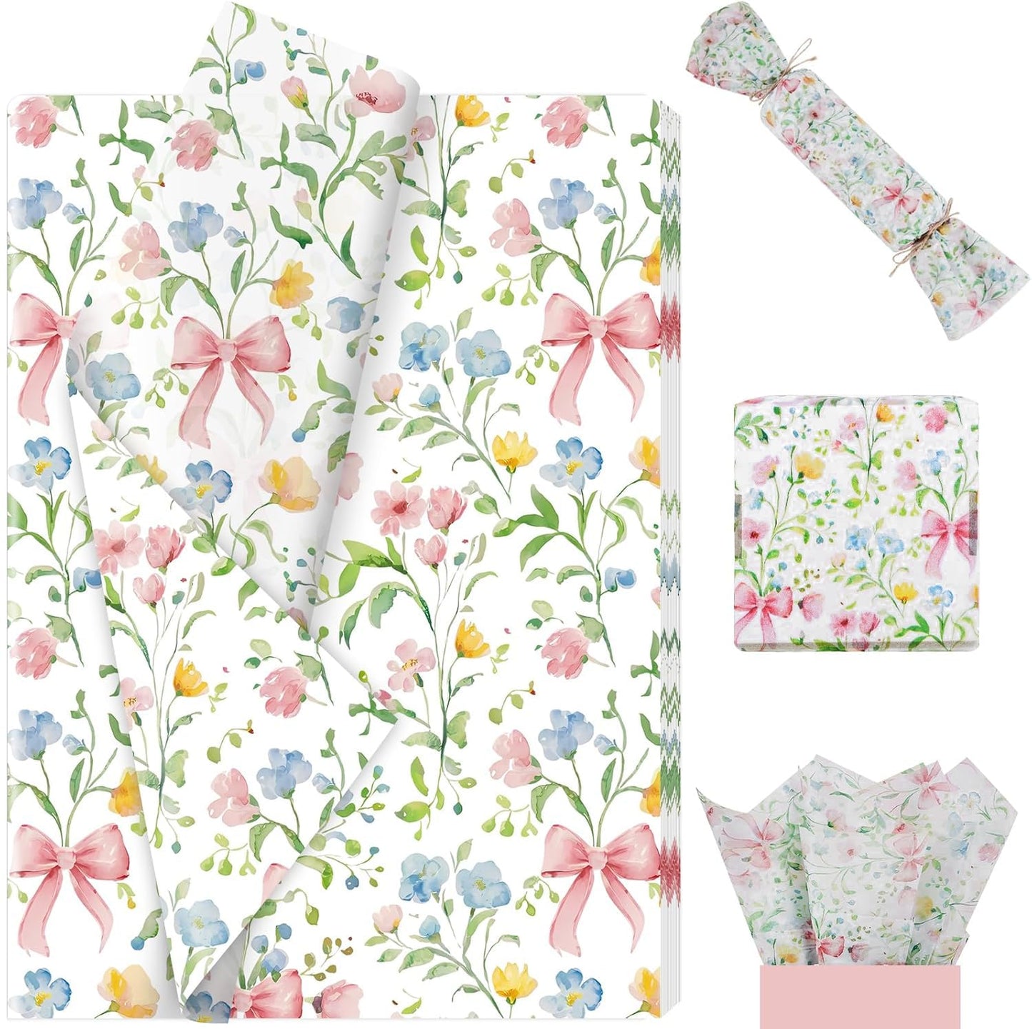 Ywdbzjhs 100 Sheets Tiny Spring Flowers and Pink Bows Tissue Paper, Coquette Bow Wildflowers Floral Gift Wrapping Paper for Botanical Valentine Birthday Wedding Baby Shower Supplies, 20'' x 14''