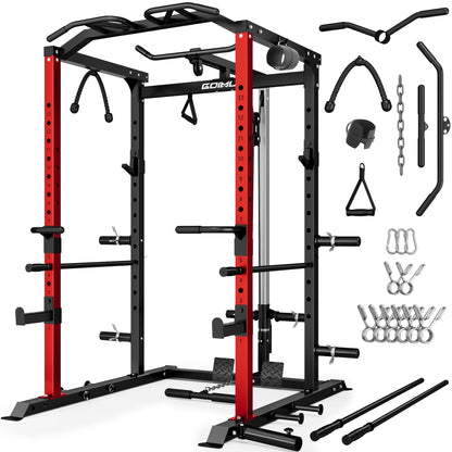 Goimu C1-V4 Power Cage, 2000LBS Squat Rack with LAT Pulldown, Multi-Function Weight Cage Strength Training Machine, Workout Cage with More Attachments for Home Gym Garage (RD Power Cage C1)
