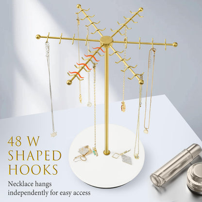 Poyilooo Necklace Holder Jewelry Stand, Rotating Necklace Holder Organizer with 48 Hooks for Necklace Earring Keychains Bracelet Display Stand, Metal Necklace Tree Stand -Women Gifts (Gold)