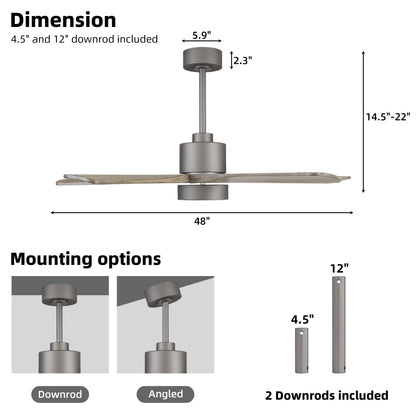 WINGBO 48 Inch DC Ceiling Fan with Lights and Remote Control, 5 Carved Solid Wood Blades, 6-Speed Noiseless Reversible DC Motor, Indoor Ceiling Fan in Graphite Finish with Gray Blades