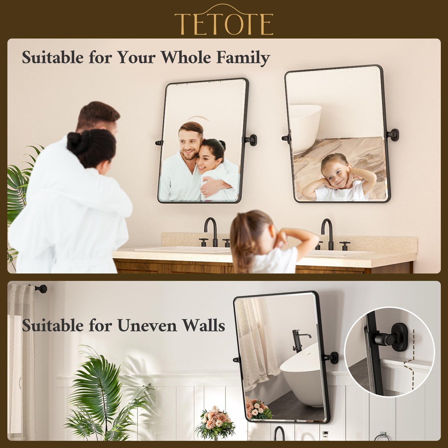 TETOTE Black Pivot Bathroom Mirror 48 x 30 Large Tilting Wall Beveled Mirror, Metal Framed Rectangle Vanity Mirror, Modern Farmhouse Adjustable Tilted Mirror, Horizontal/Vertical, Tempered Glass