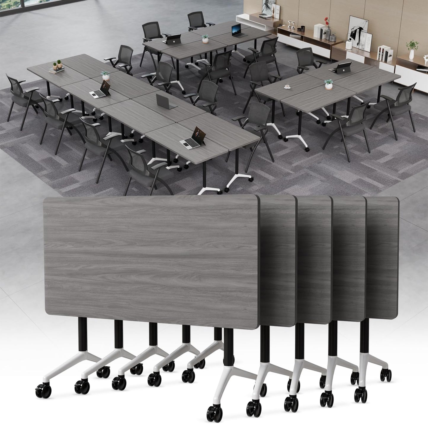 Folding Conference Table with Wheels, Flip Top Conference Room Table, Modular Mobile Training & Meeting Room Table Set, Space Saving Nesting Office Boardroom Desk for 6-12 Person, Set of 2/4/6/8