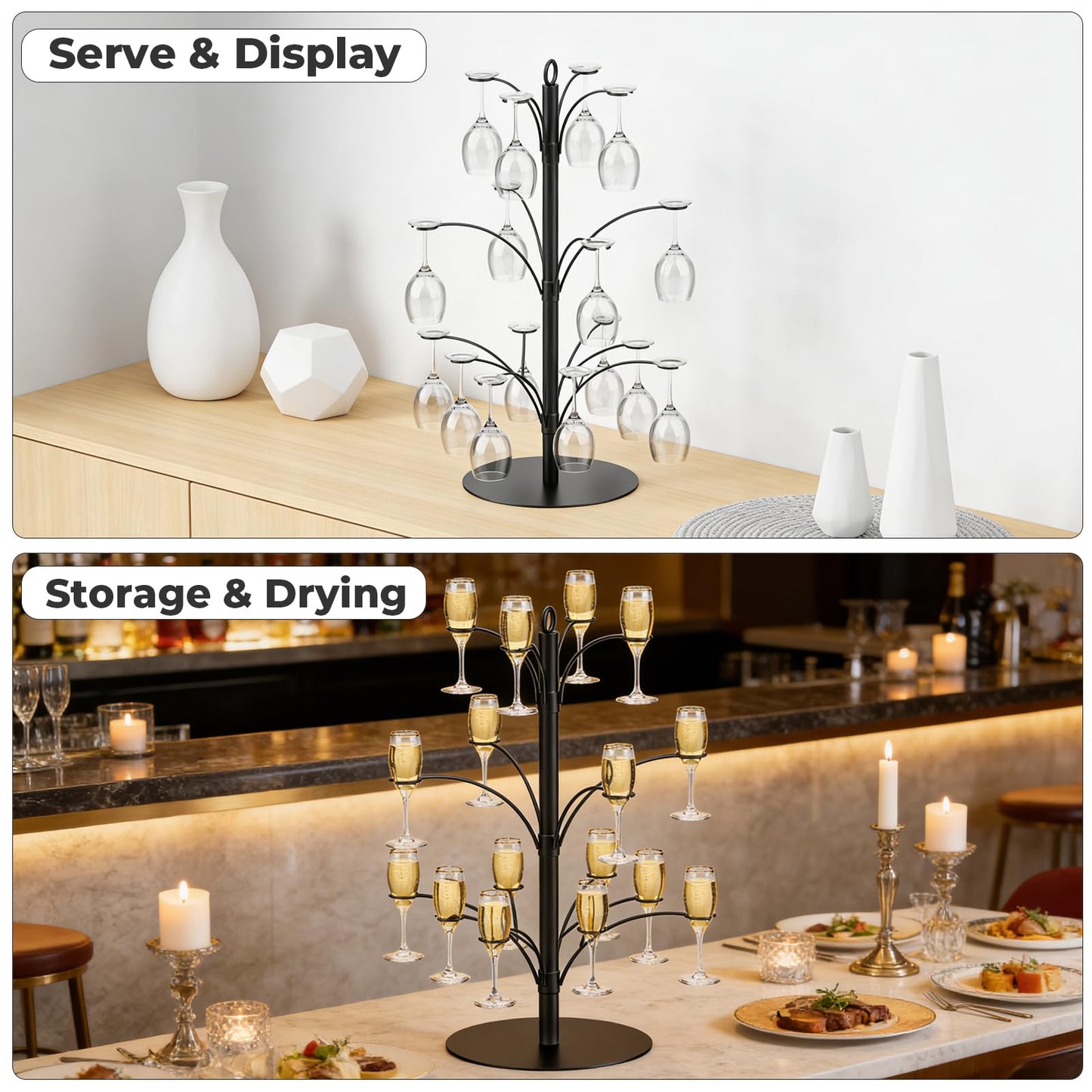 DEMEGA 3-Tier 16-Holder Metal Cocktail Tree Stand, Champagne Tower for Glasses Wine Glass Holder Drink Tower, Heavy Duty Drink Stand for Martini Margarita Cups Weddings Parties