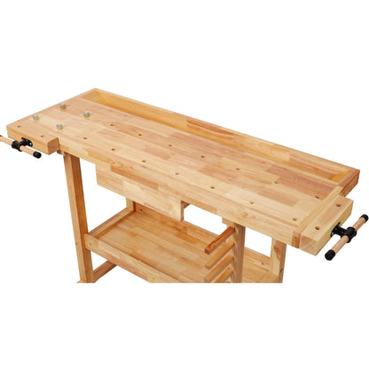 ABH 55 Inches Wood Workbench, Heavy Duty Woodworking Table with Adjustable Handle Vice, 300lbs Capacity Solid Wood Work with Storage Drawer Shelf for Garage, Workshop, Natural (1 Drawers)