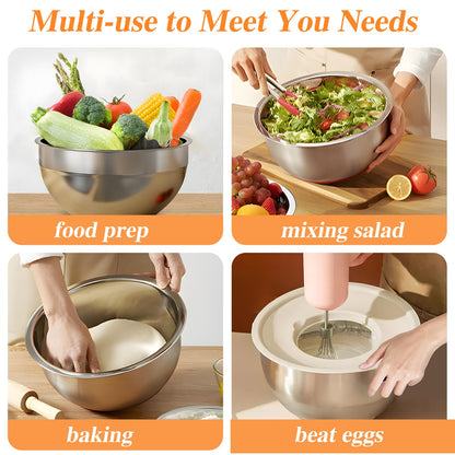 Winproper Mixing Bowls with Lids Set, 6 PCS Stainless Steel Mixing Bowls with 3 Grater Attachments, Kitchen Food Storage Organizers Nesting Mixing Bowl, Large Size 4.5, 3.5, 2.1, 1.5, 1.1, 0.7QT