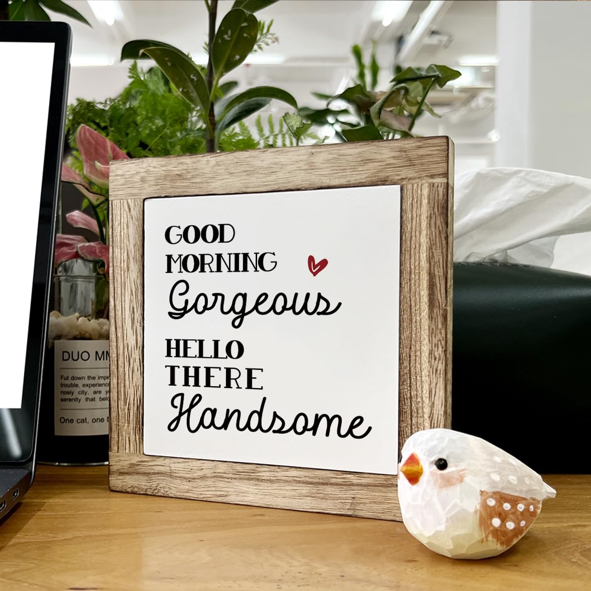 Farmhouse Table Decor, Funny Wood Sign, Decorative Wooden Signs and Plaques, Bathroom Decor, Rustic Home Decors, Good Morning Gorgeous Hello There Handsome Sign 5.9×5.9×0.7inches