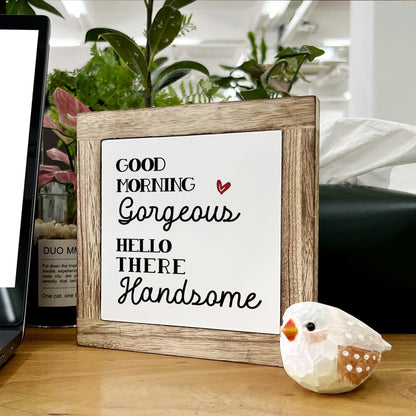 Farmhouse Table Decor, Funny Wood Sign, Decorative Wooden Signs and Plaques, Bathroom Decor, Rustic Home Decors, Good Morning Gorgeous Hello There Handsome Sign 5.9×5.9×0.7inches