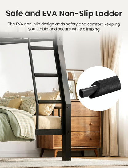 Mixcous Full XL Over Queen Bunk Bed for Adults, Heavy Duty Metal Bed Frame with Full-Length Guardrails & Anti-Slip Ladder, Noise-Free, No Box Spring Needed, Space Saving Queen Bunk Bed, Black