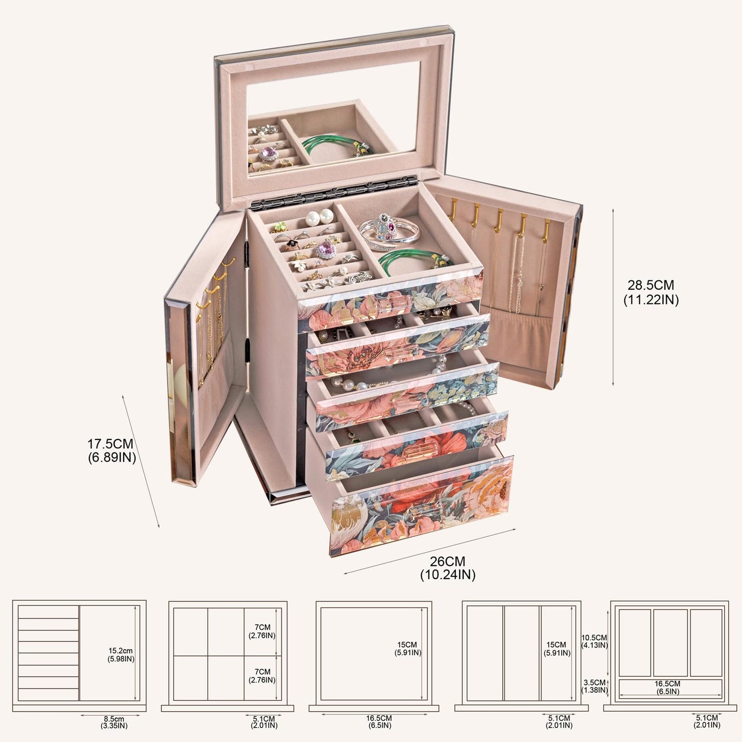 Homruilink High End Glass Jewelry Box, 5 Layer Jewelry Organizer for Women, Side Doors & Mirror, Velvet-Lined Storage for Rings & Necklaces, Ideal Gift (Peony)