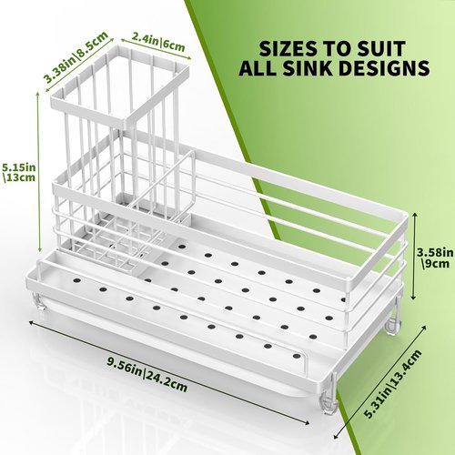 Cisily Stainless Steel Kitchen Sink Caddy - Rustproof Organizer & Non-Slip Soap Dish Holder | White