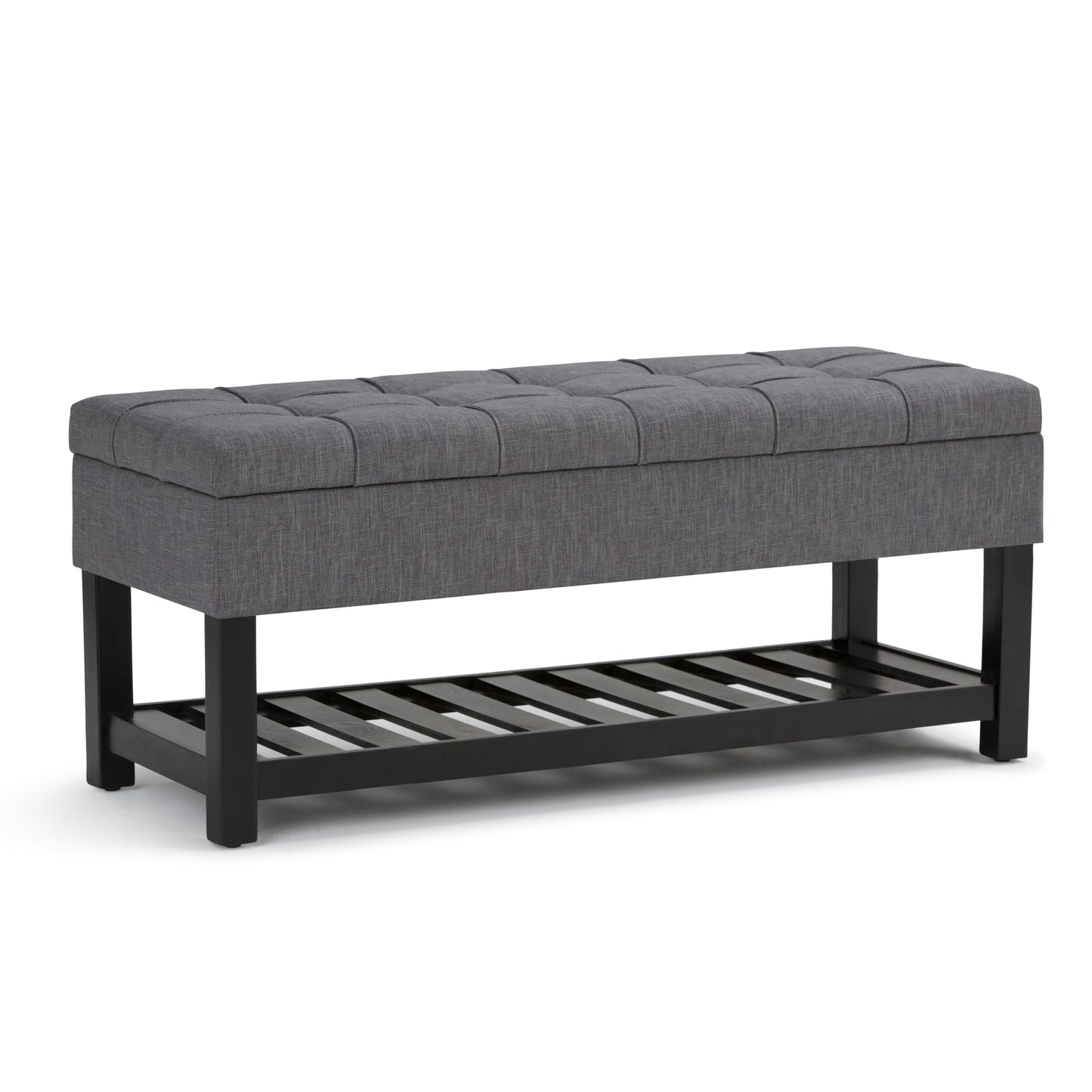 SIMPLIHOME Saxon Storage Ottoman Bench - 43 inch Wide Upholstered Linen Look Fabric Rectangle Storage Ottoman in Slate Grey, Transitional Bench for Bedroom with Tufted Lift-Top and Open Bottom Shelf